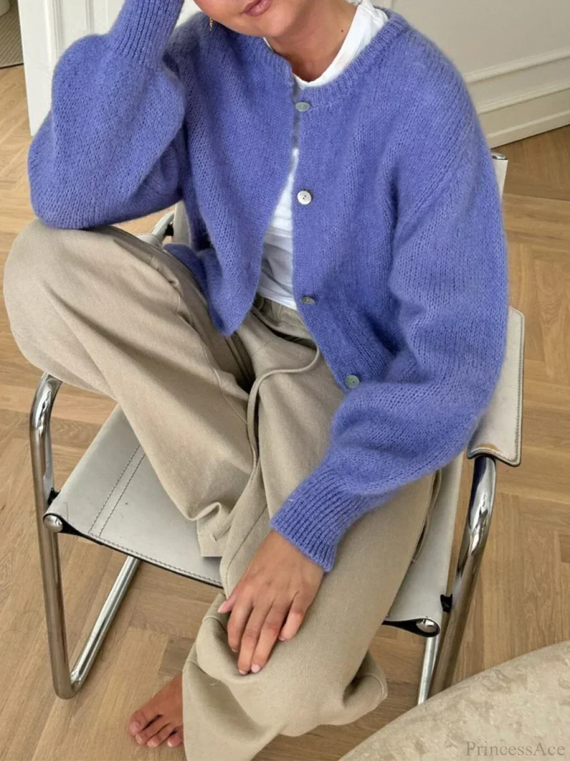 Solid Fuzzy Button Down Knit Cardigan - Image 2