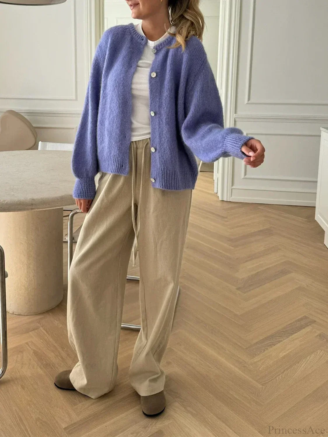 Solid Fuzzy Button Down Knit Cardigan - Image 3