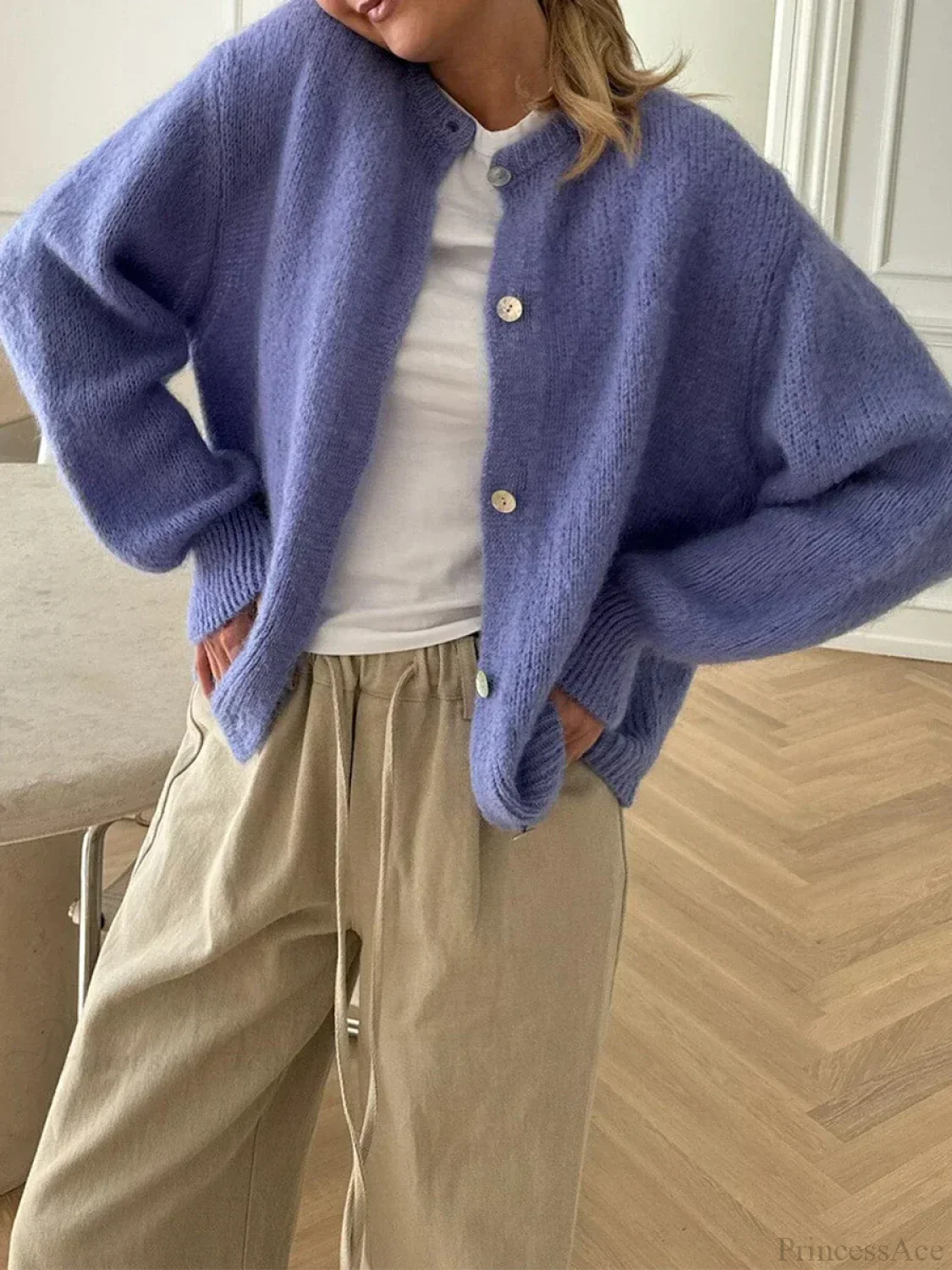 Solid Fuzzy Button Down Knit Cardigan - Image 4