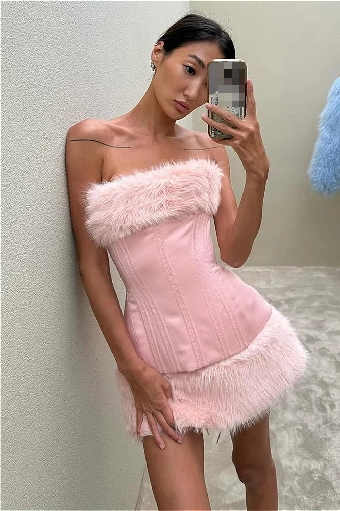 Solid Fuzzy Paneled Tie Waist Sexy Mini Dress - Image 2