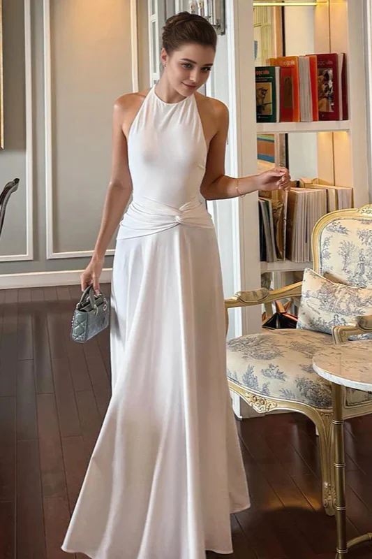Solid Halter Neck Backless Ruched Maxi Dress - Image 2