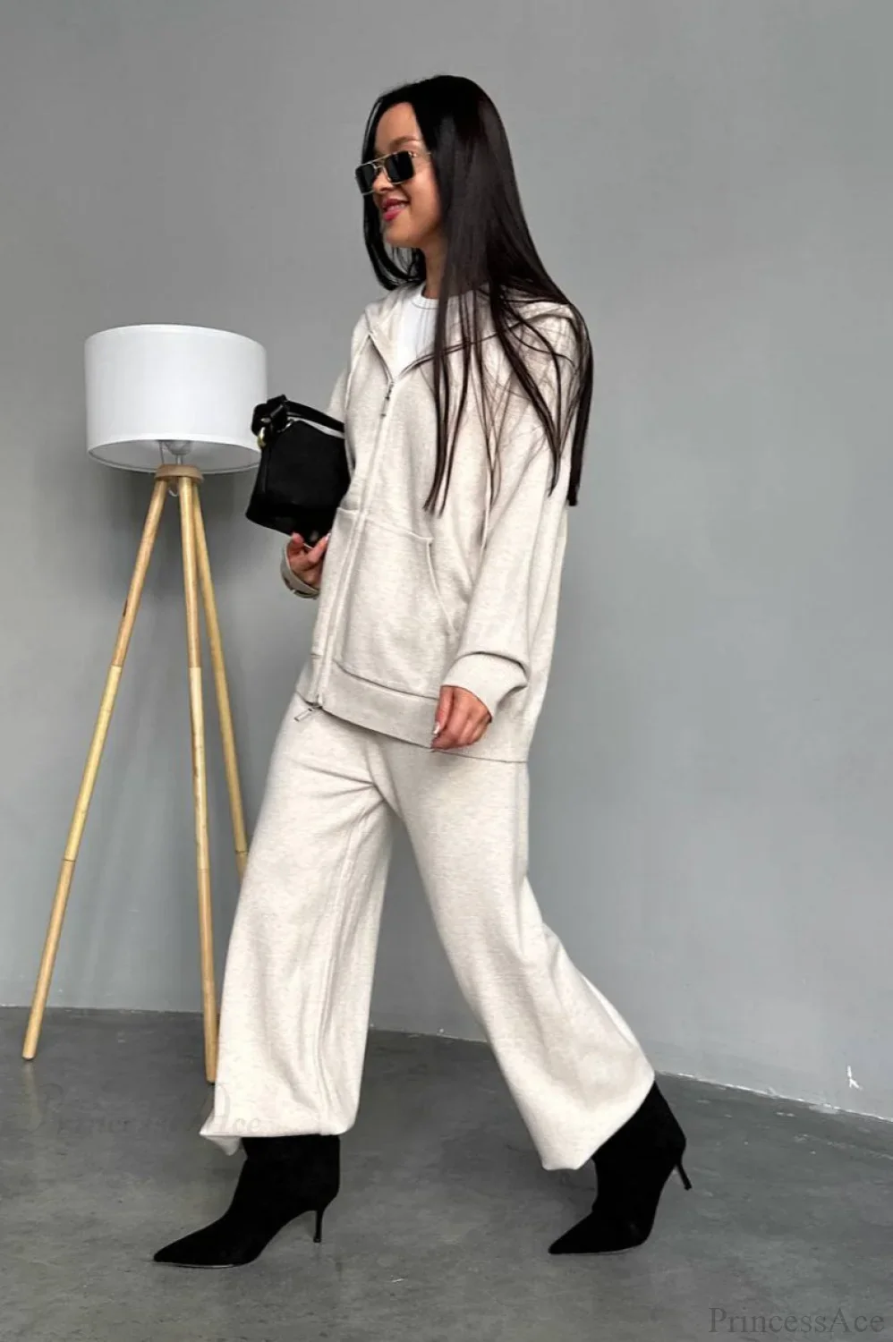 Solid Knit hooded Straight-Leg Two Piece Set - Image 2