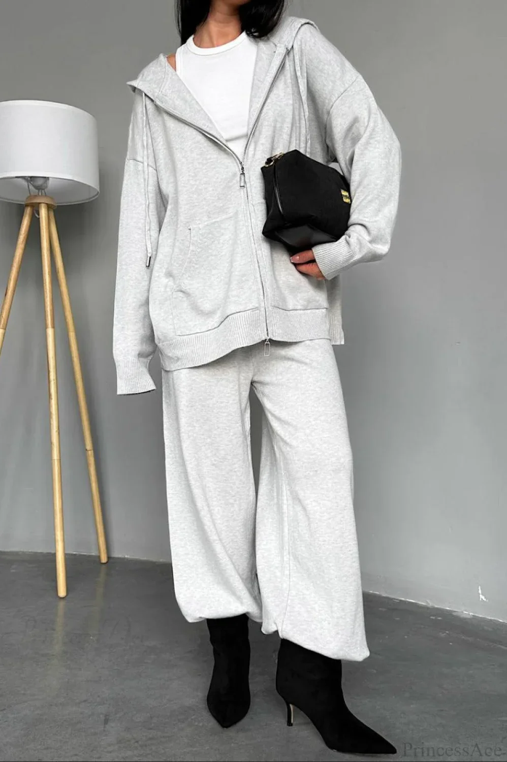 Solid Knit hooded Straight-Leg Two Piece Set - Image 3