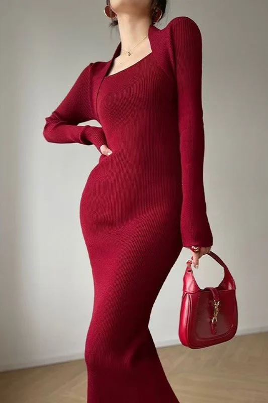 Solid Knitted Square Neck Slim Maxi Dress - Image 2