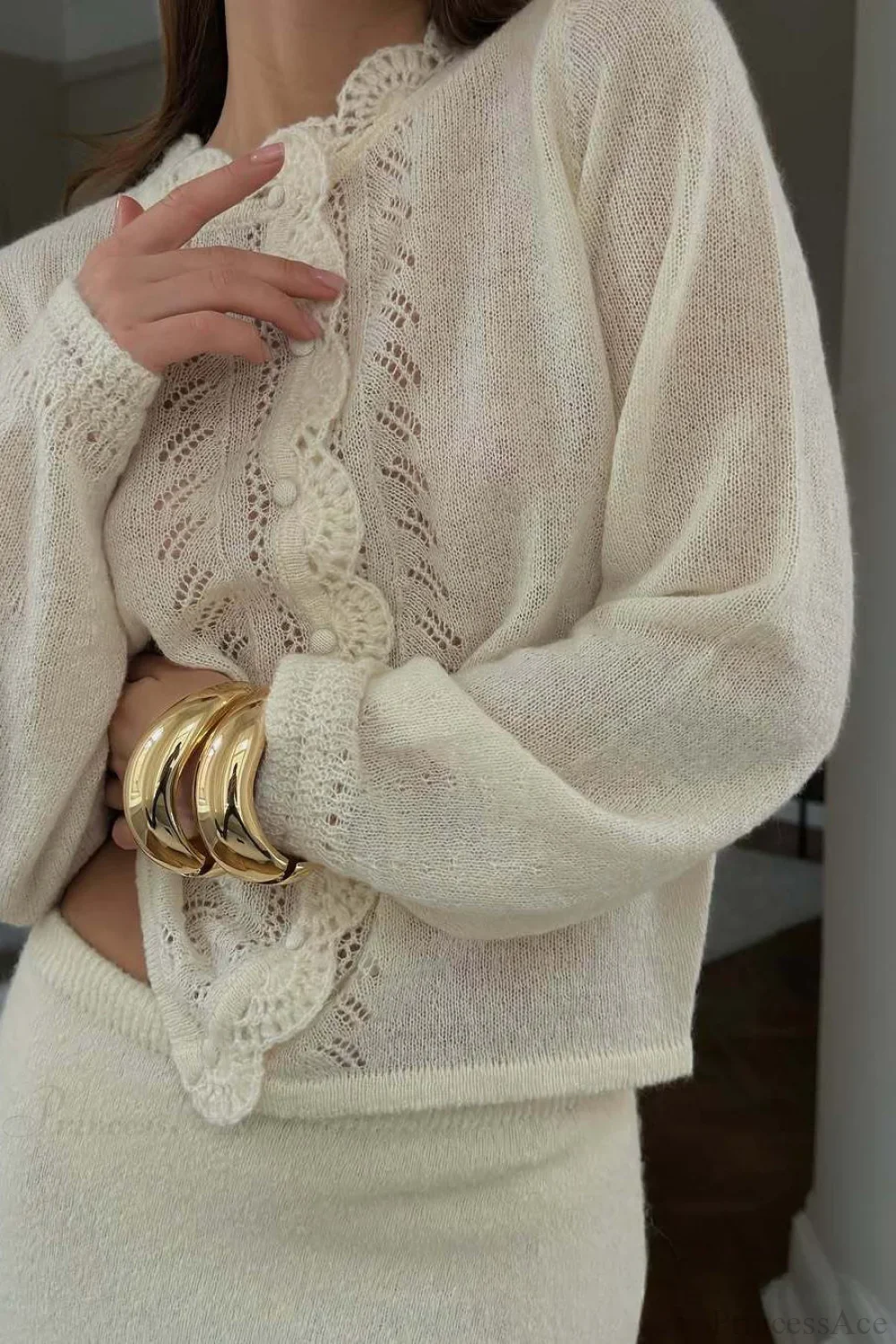 Solid Lace Cutout Knit Crew Neck Cardigan - Image 3