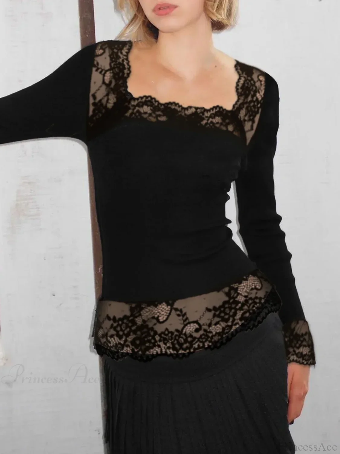 Solid Lace Trim Slim Square Collar Long Sleeve Knit Top - Image 2