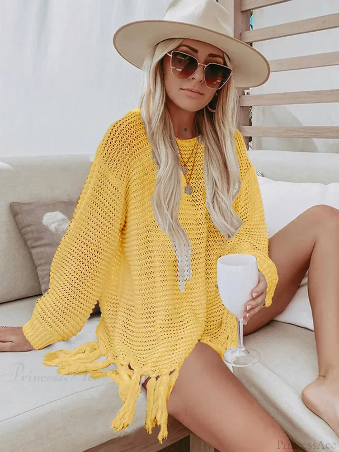 Solid Lace Up Tassel Beach Cover Up - Image 2