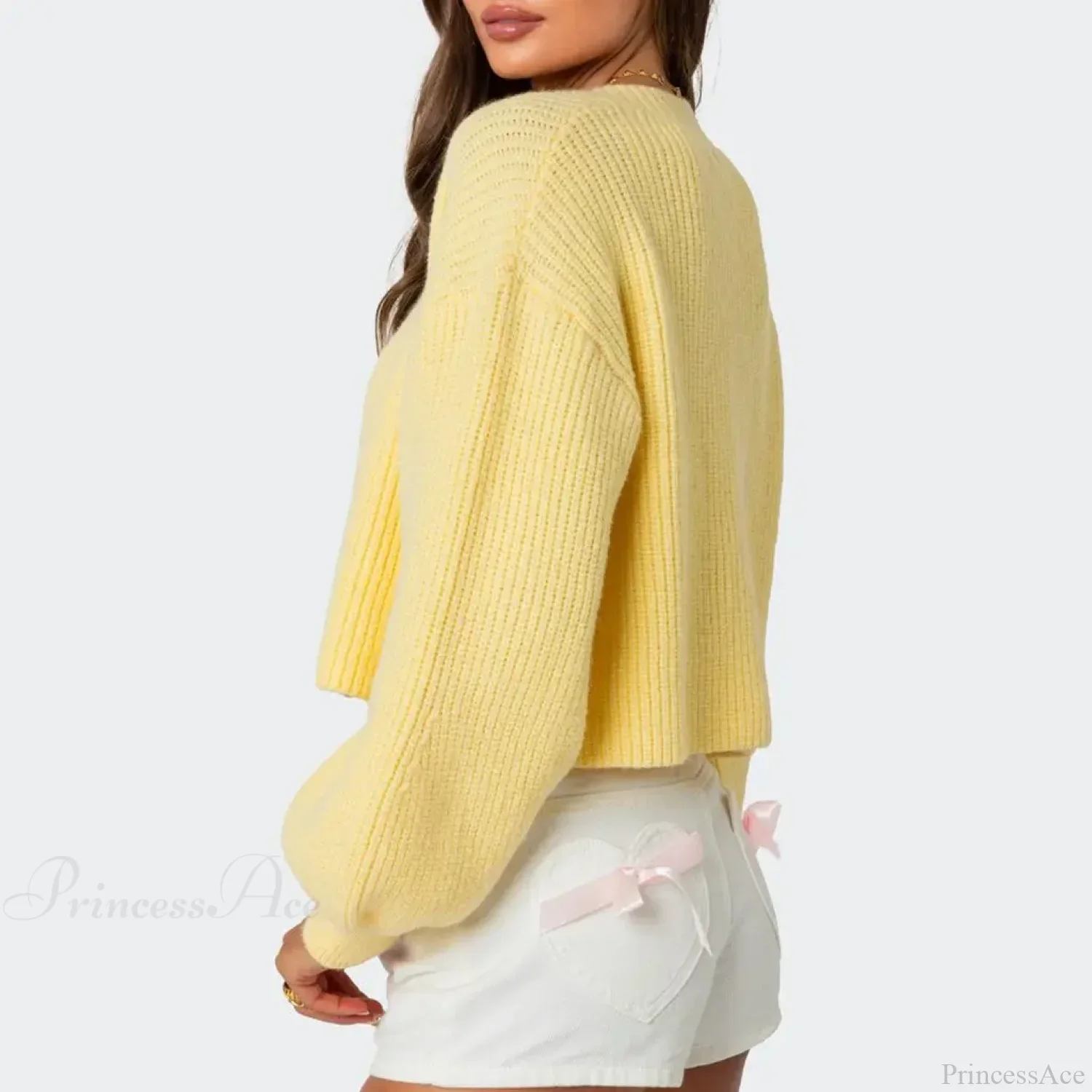 Solid Lantern Sleeve Button Down Knit Cardigan - Image 2