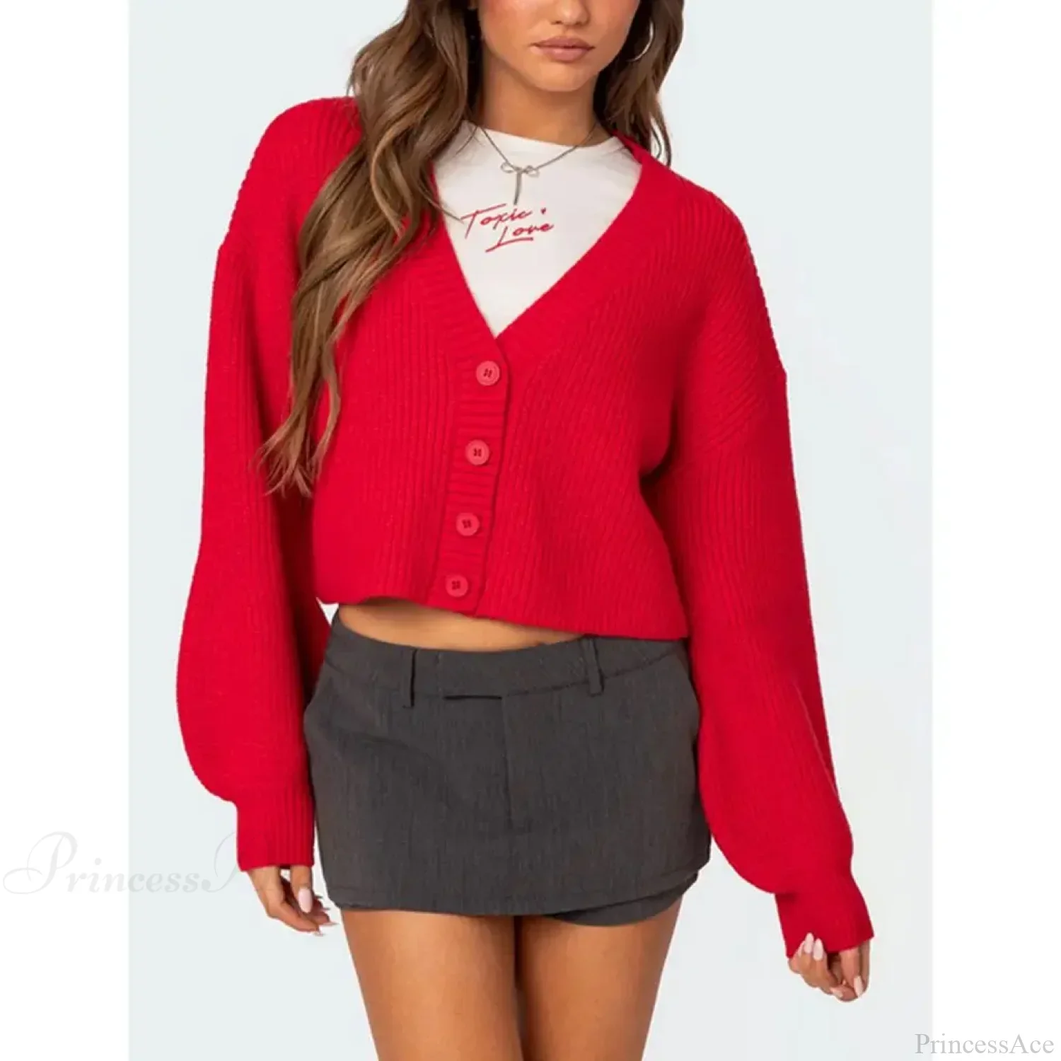 Solid Lantern Sleeve Button Down Knit Cardigan - Image 3