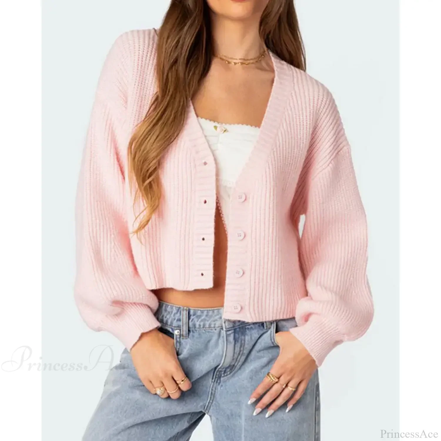 Solid Lantern Sleeve Button Down Knit Cardigan - Image 4