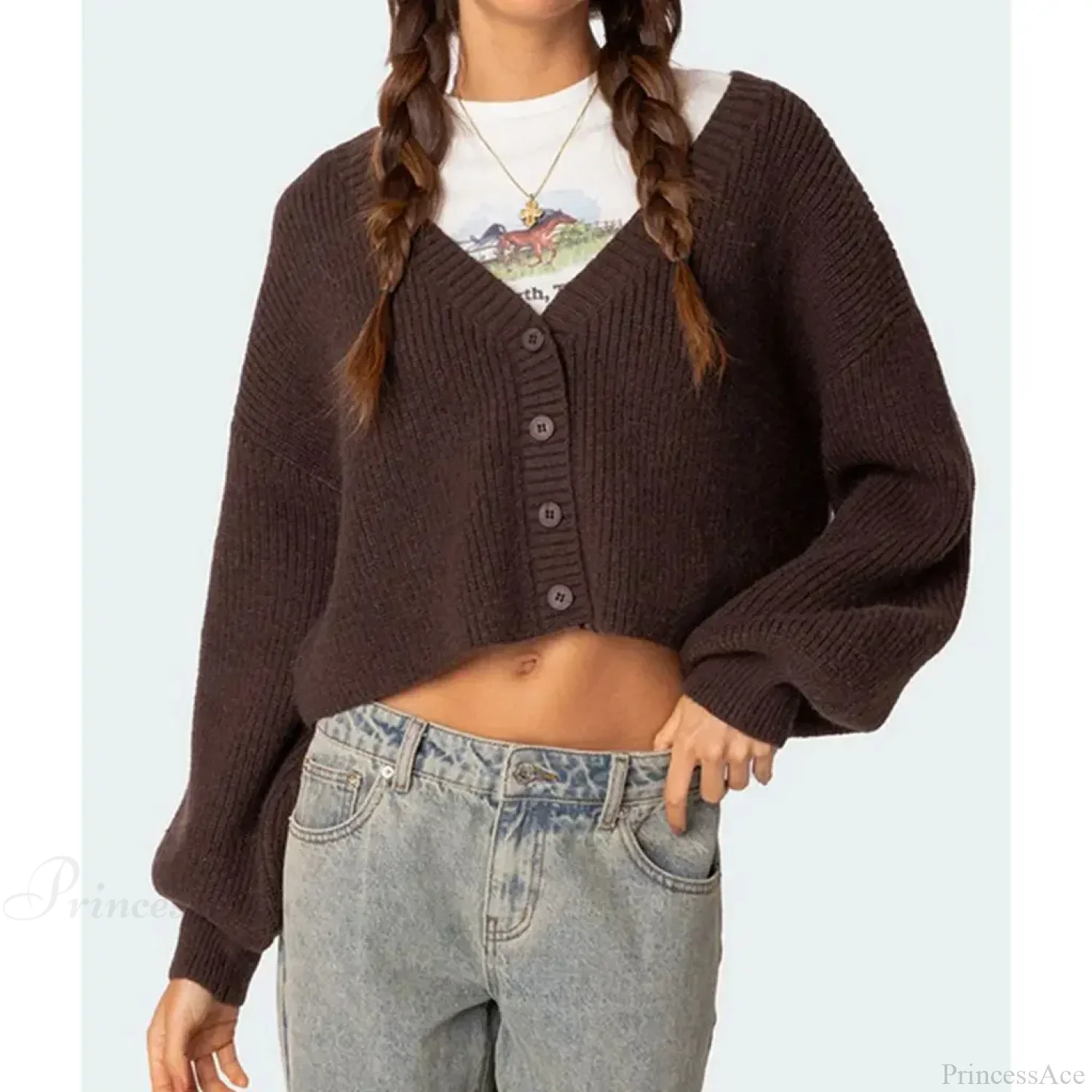 Solid Lantern Sleeve Button Down Knit Cardigan - Image 5