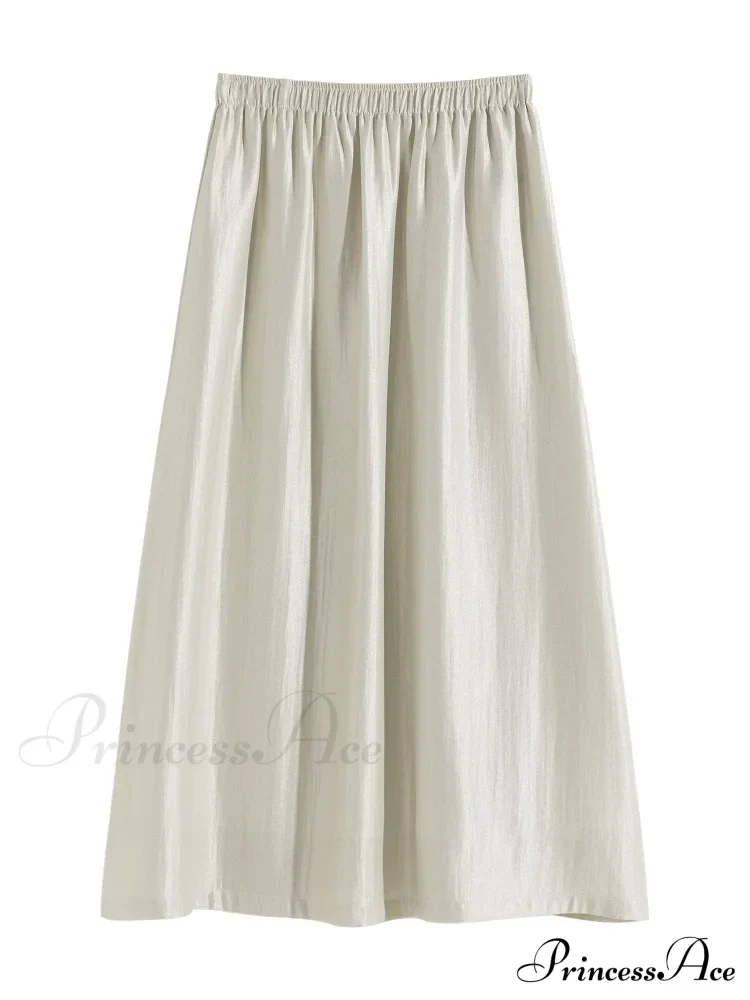Solid Long High Waist Elastic Silver Grey Draped A-Line Commuter Skirt - Image 5