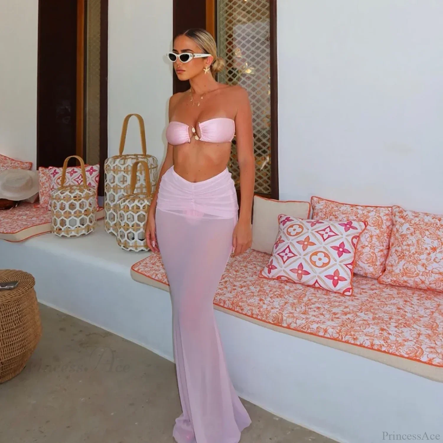 Solid Long Skirt Three Piece Swimsuit - Image 2