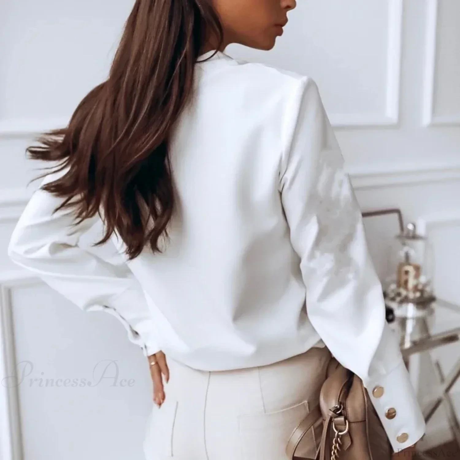 Solid Long Sleeve White Cotton Blouse - Image 3