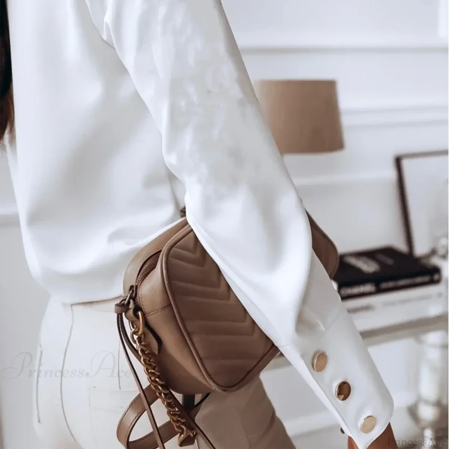 Solid Long Sleeve White Cotton Blouse - Image 4