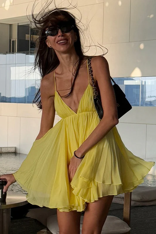 Solid Loose Flowy High Waist V Neck Cami Mini Dress