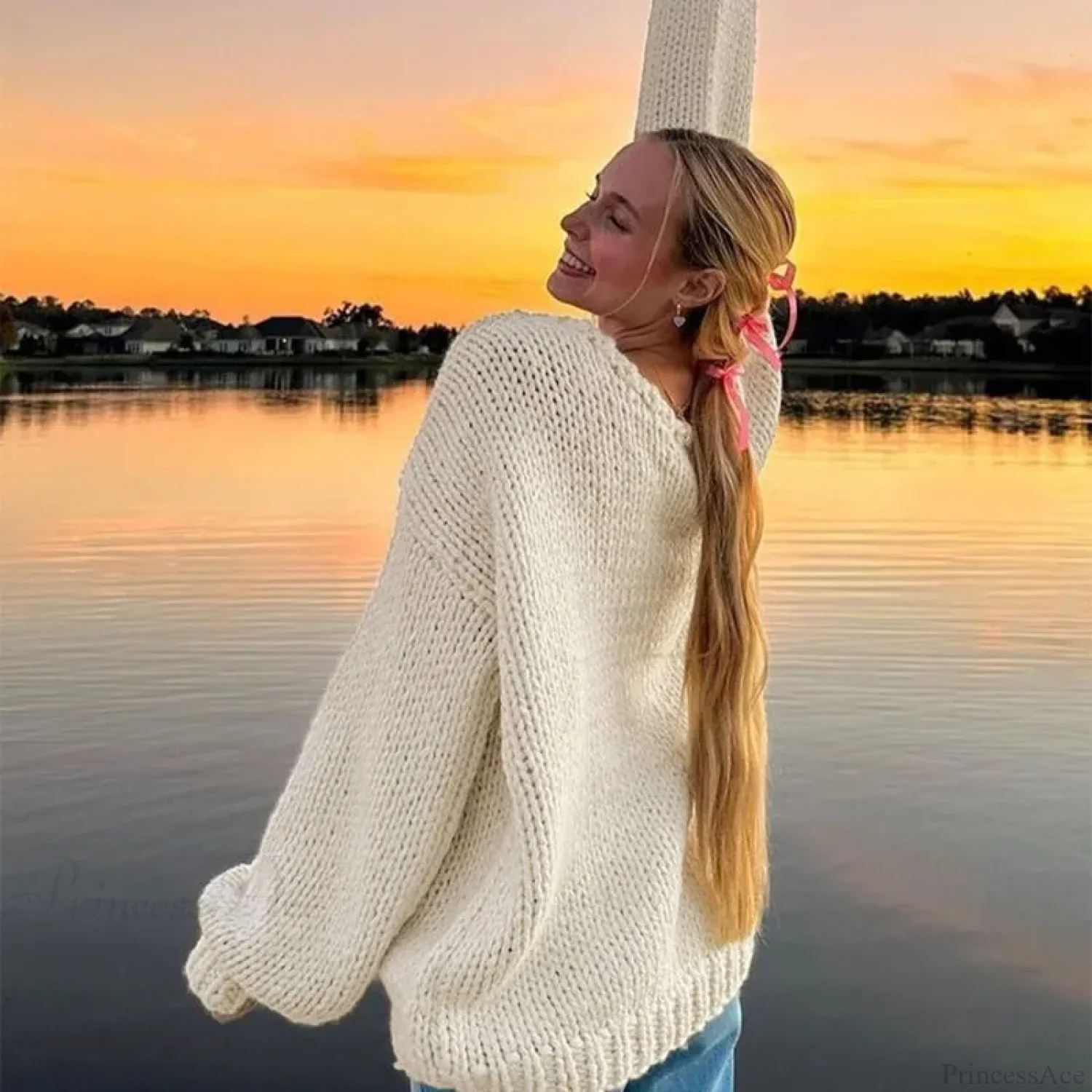 Solid Loose V-Neck Off-Shoulder Sweater - Image 6