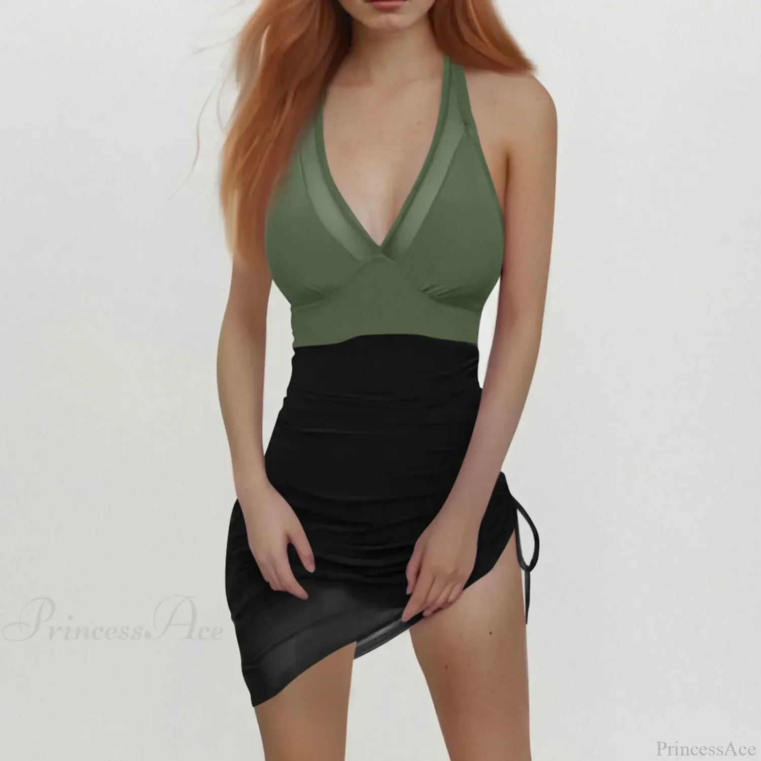 Solid Mesh Patchwork Push Up One Piece Set