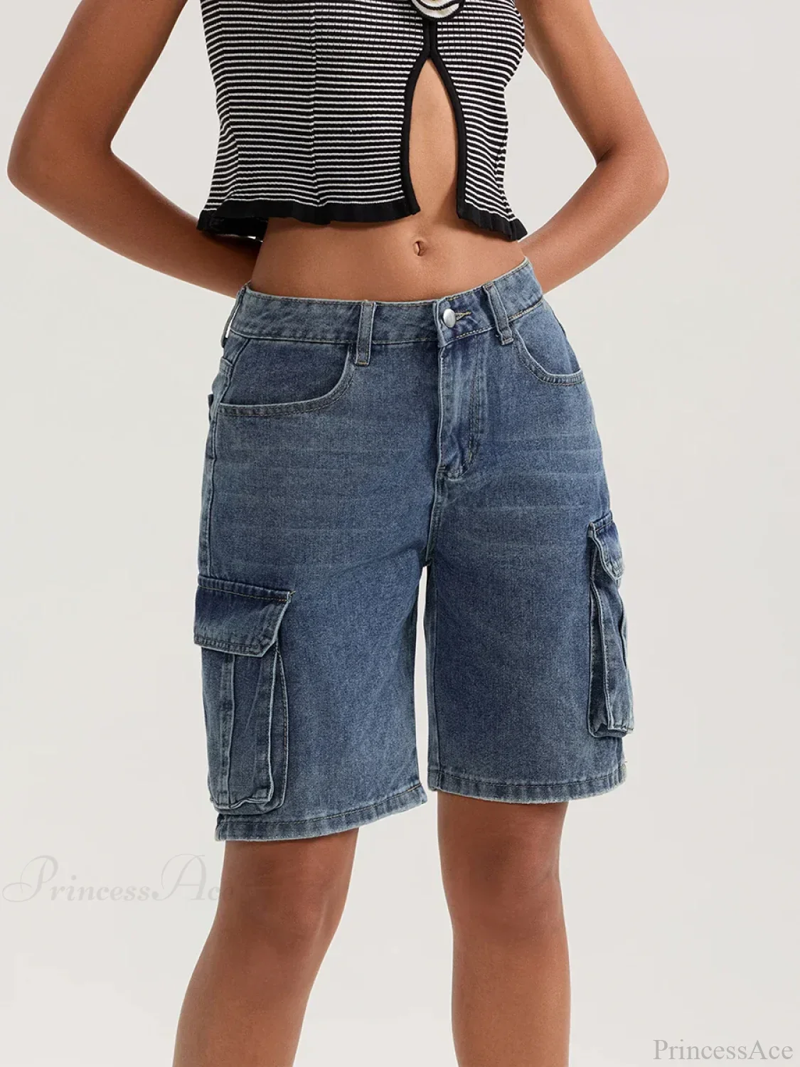 Solid Mid Rise Button Denim Short - Image 2