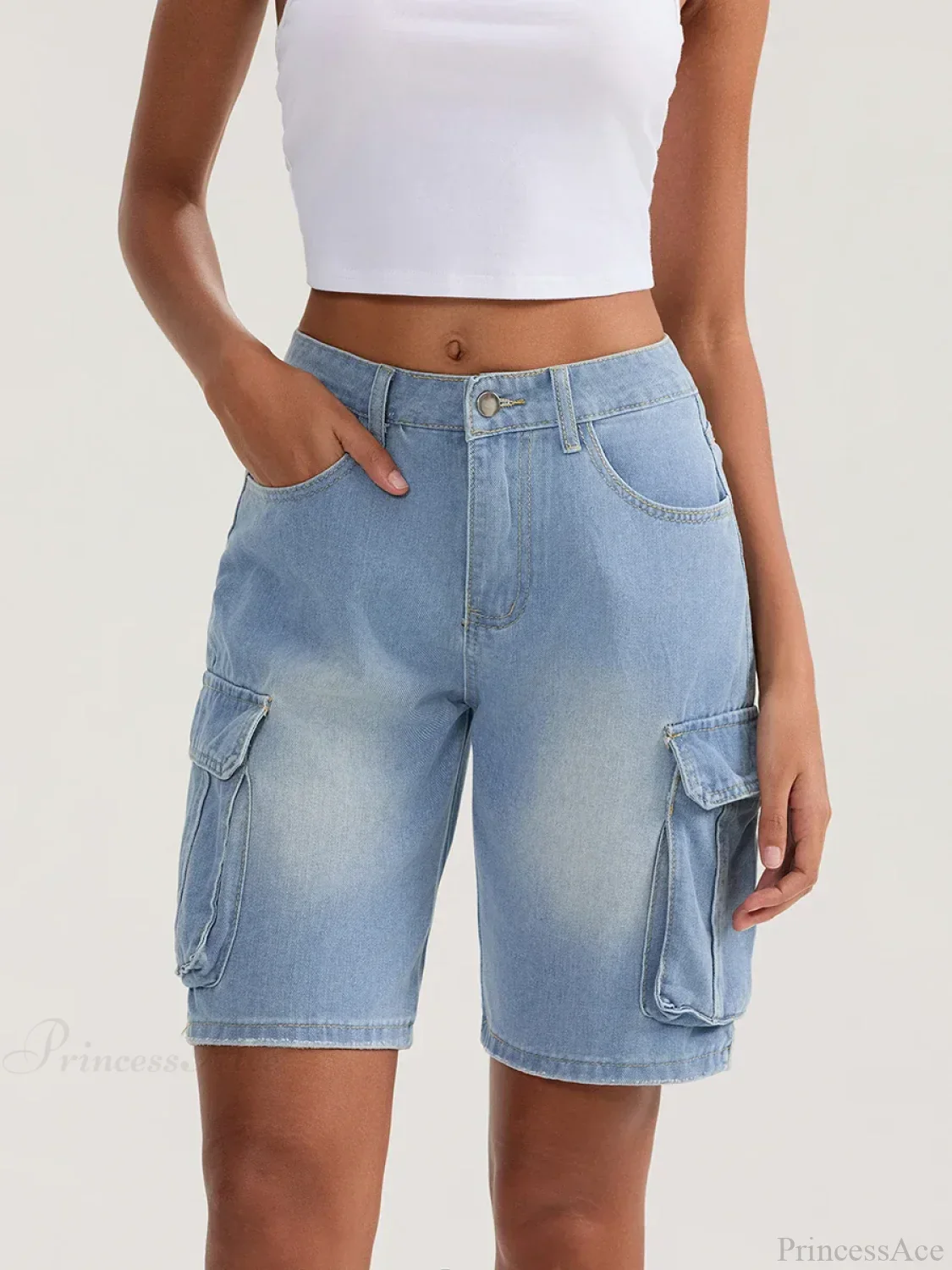 Solid Mid Rise Button Denim Short - Image 3