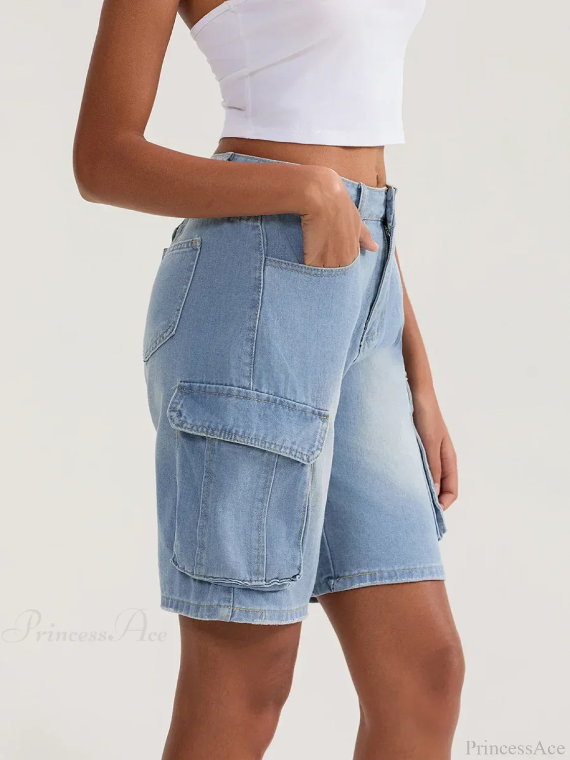 Solid Mid Rise Button Denim Short - Image 4