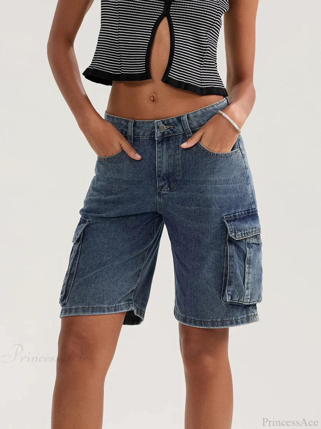 Solid Mid Rise Button Denim Short - Image 5