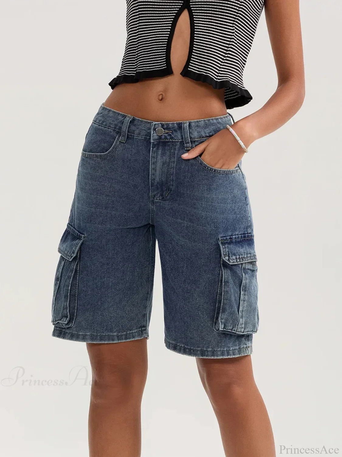 Solid Mid Rise Button Denim Short - Image 6