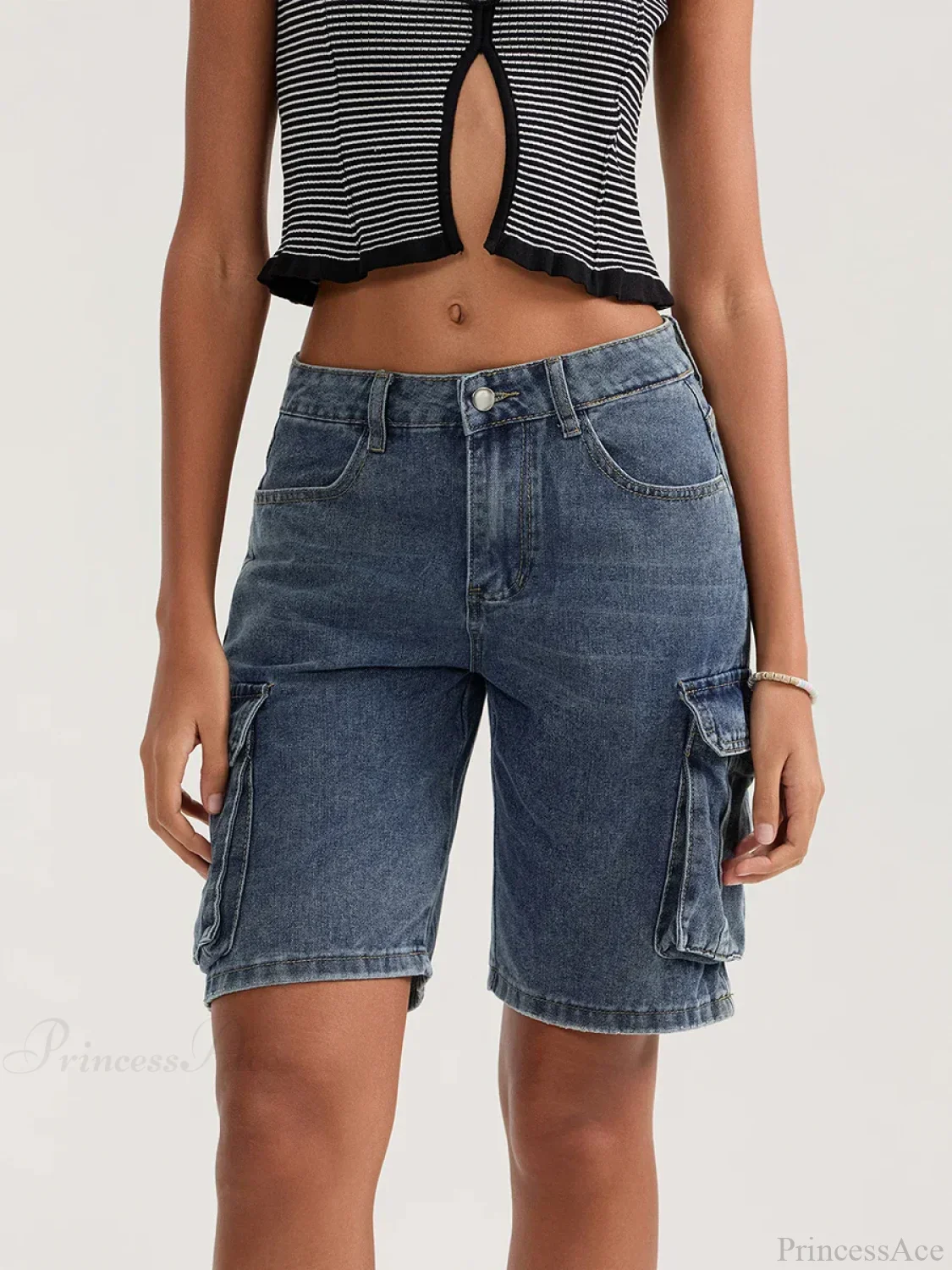 Solid Mid Rise Button Denim Short - Image 7