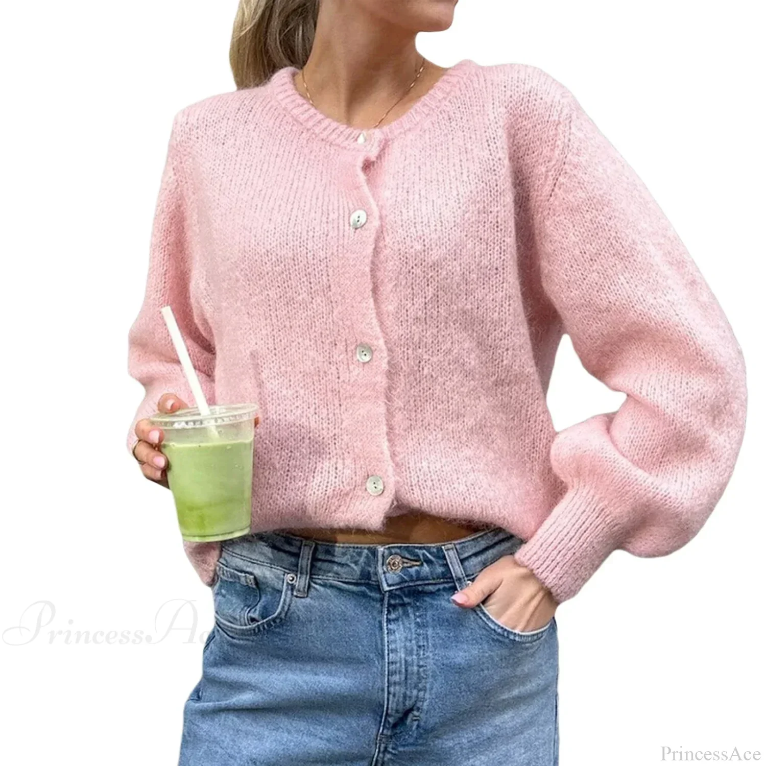 Solid O-neck Cropped Knitted Cardigan - Image 10