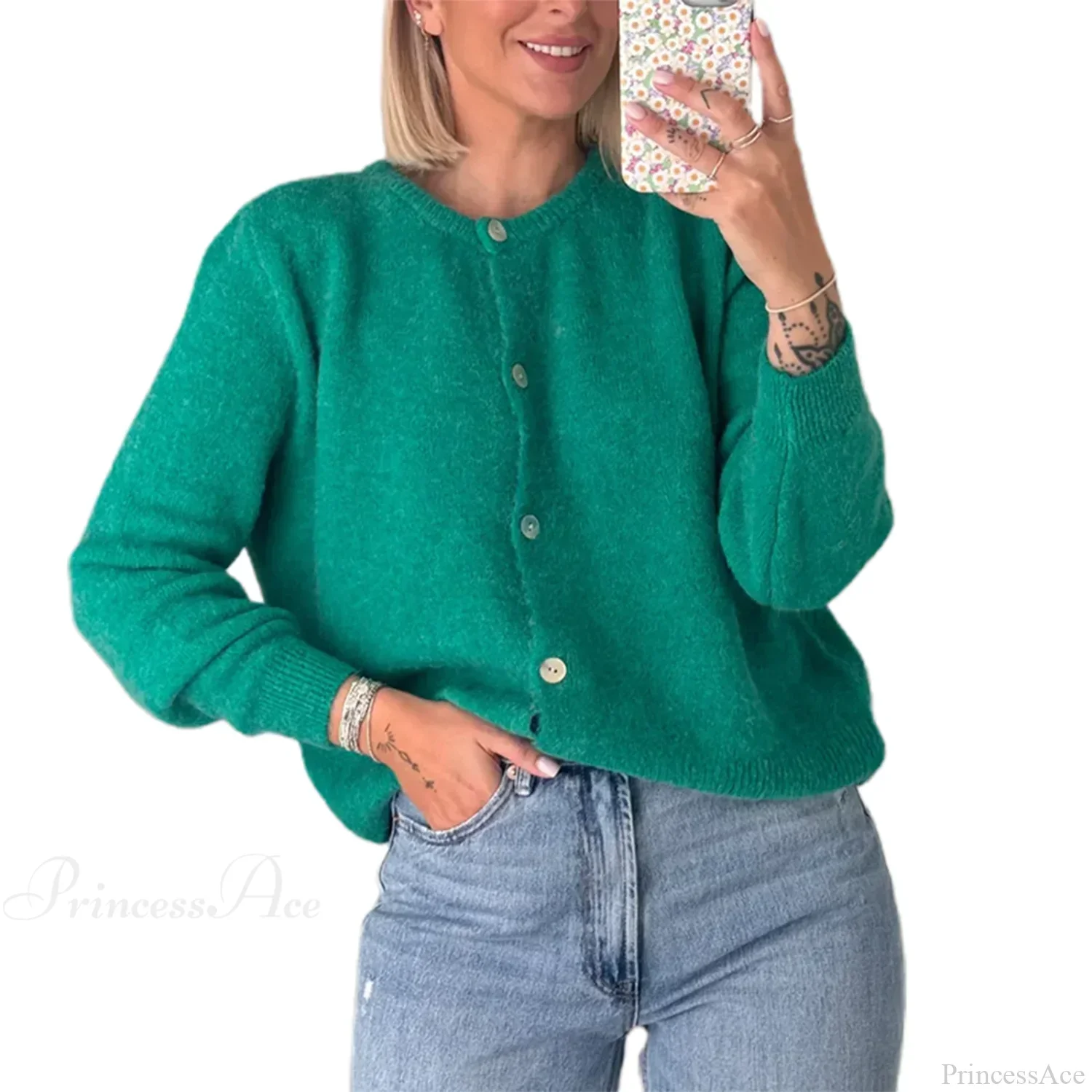 Solid O-neck Cropped Knitted Cardigan - Image 18