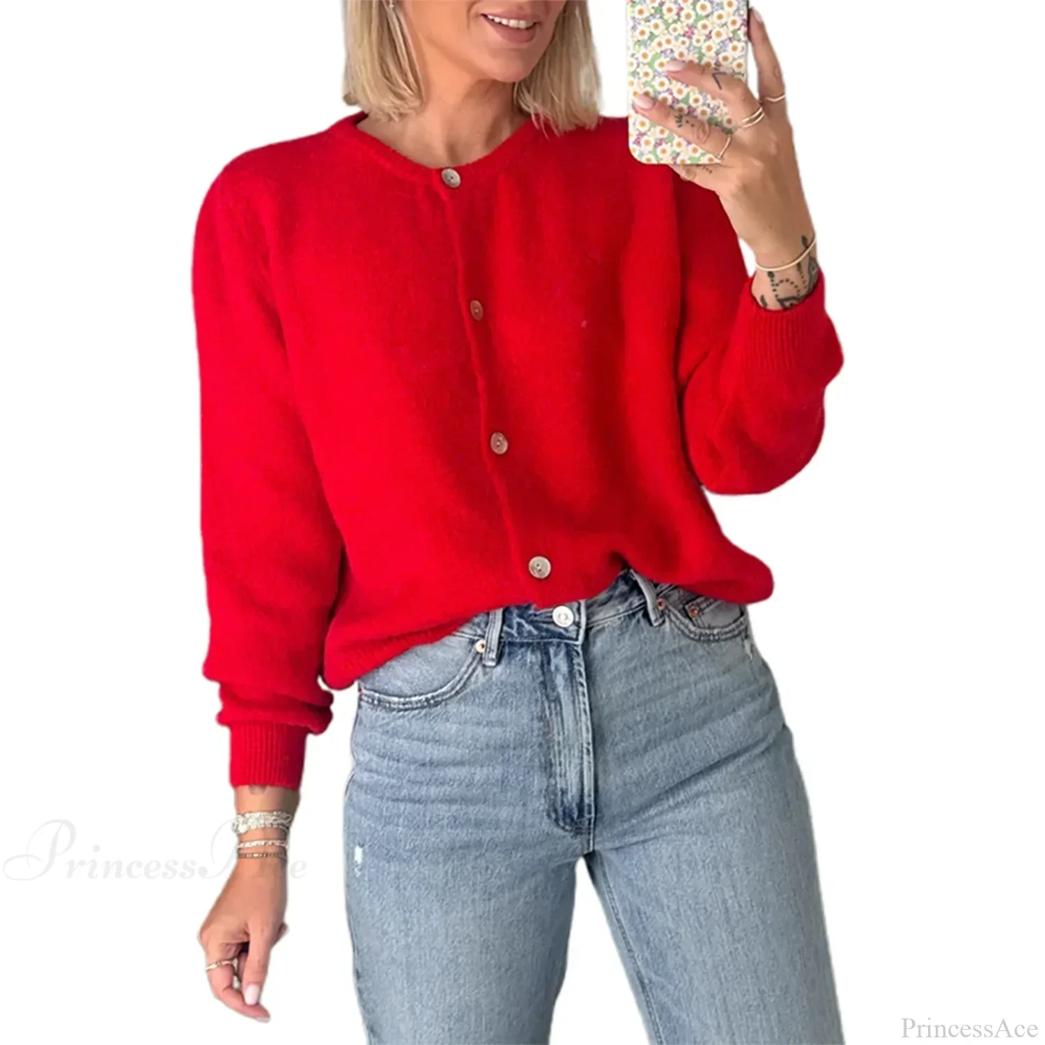 Solid O-neck Cropped Knitted Cardigan - Image 19