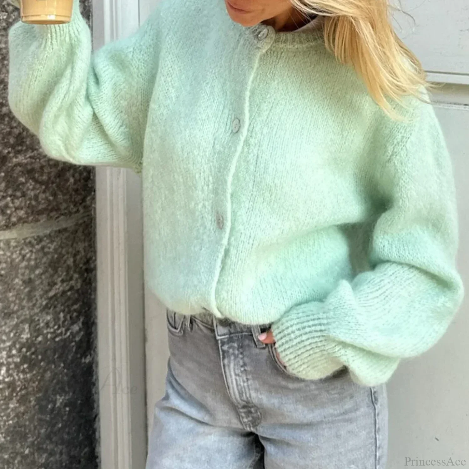 Solid O-neck Cropped Knitted Cardigan - Image 2