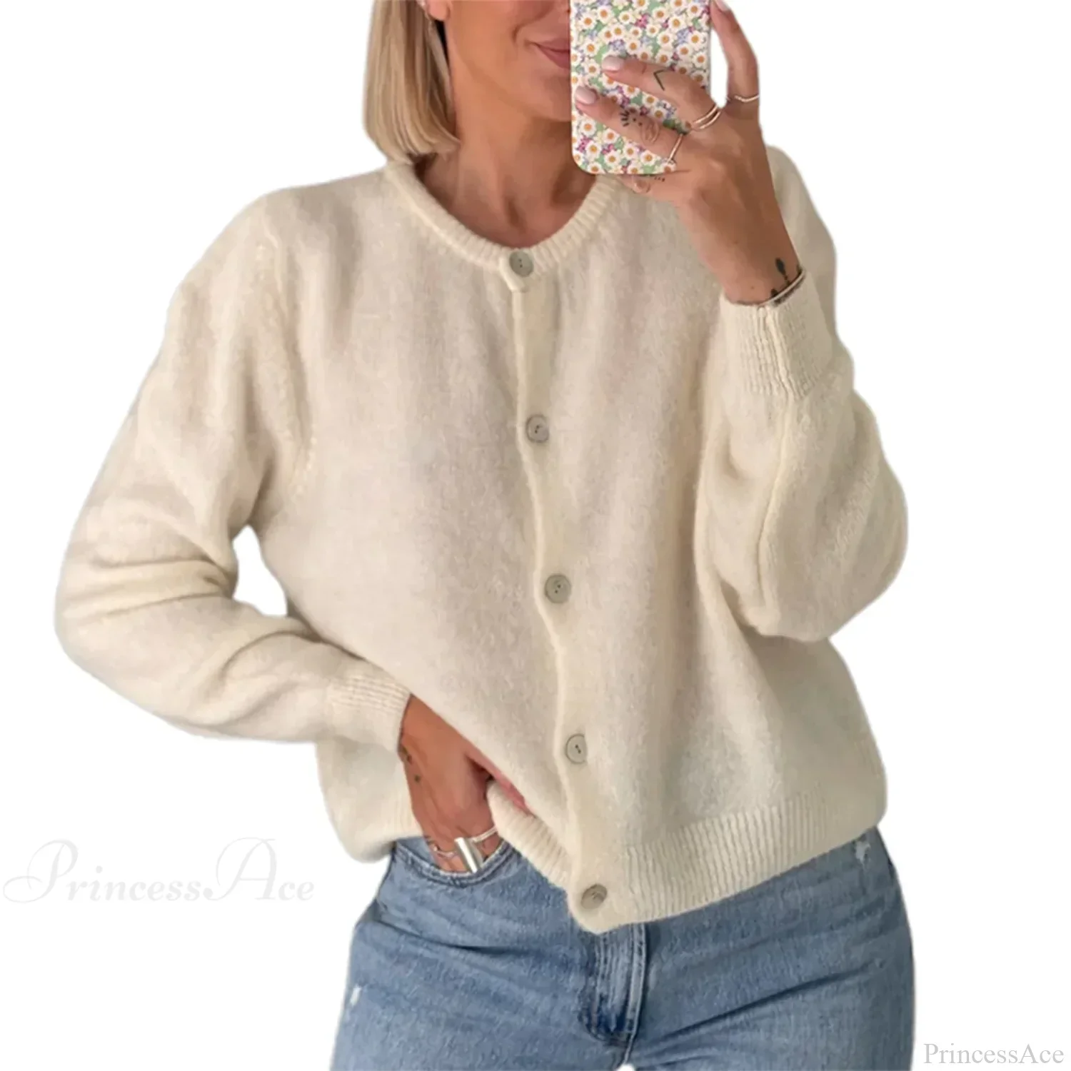 Solid O-neck Cropped Knitted Cardigan - Image 20