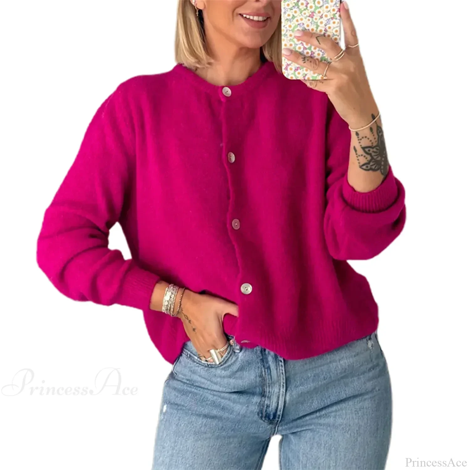 Solid O-neck Cropped Knitted Cardigan - Image 21
