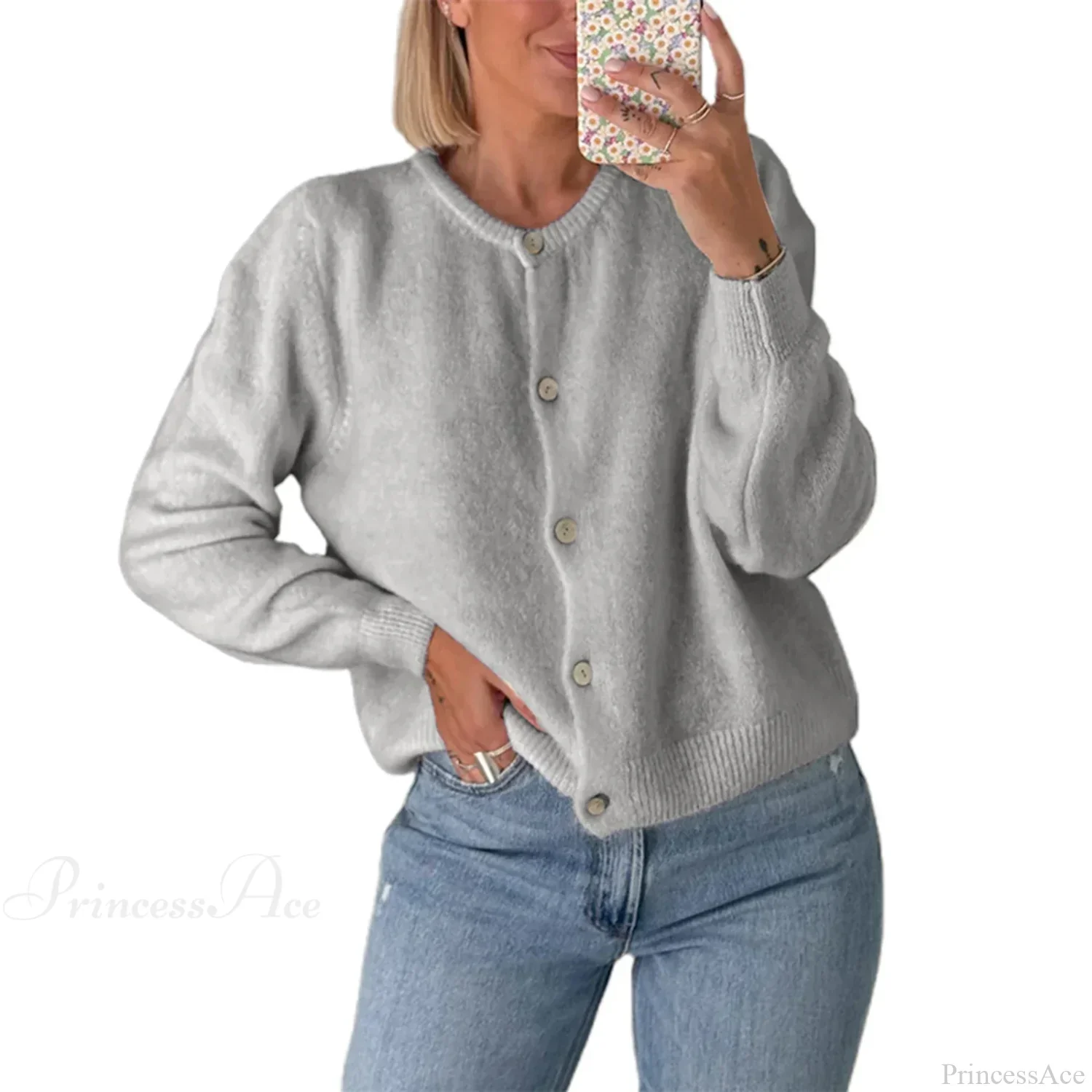 Solid O-neck Cropped Knitted Cardigan - Image 22