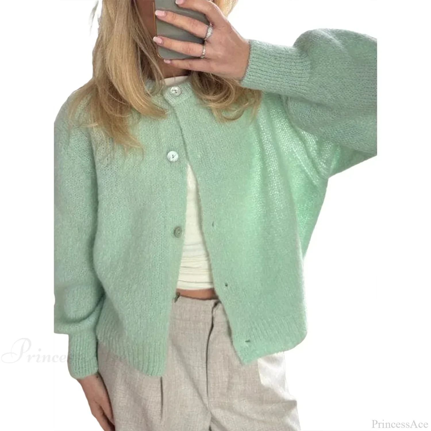 Solid O-neck Cropped Knitted Cardigan - Image 9