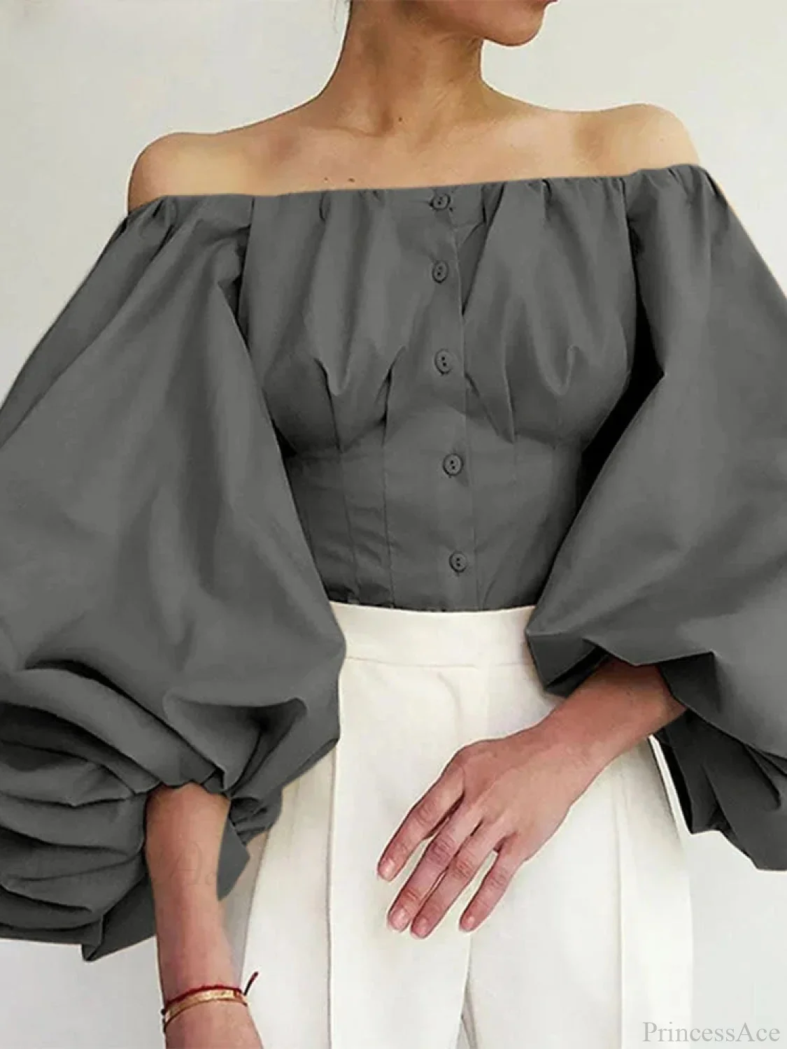 Solid Off-Shoulder Lantern Sleeve Fashion Blouse - Image 3