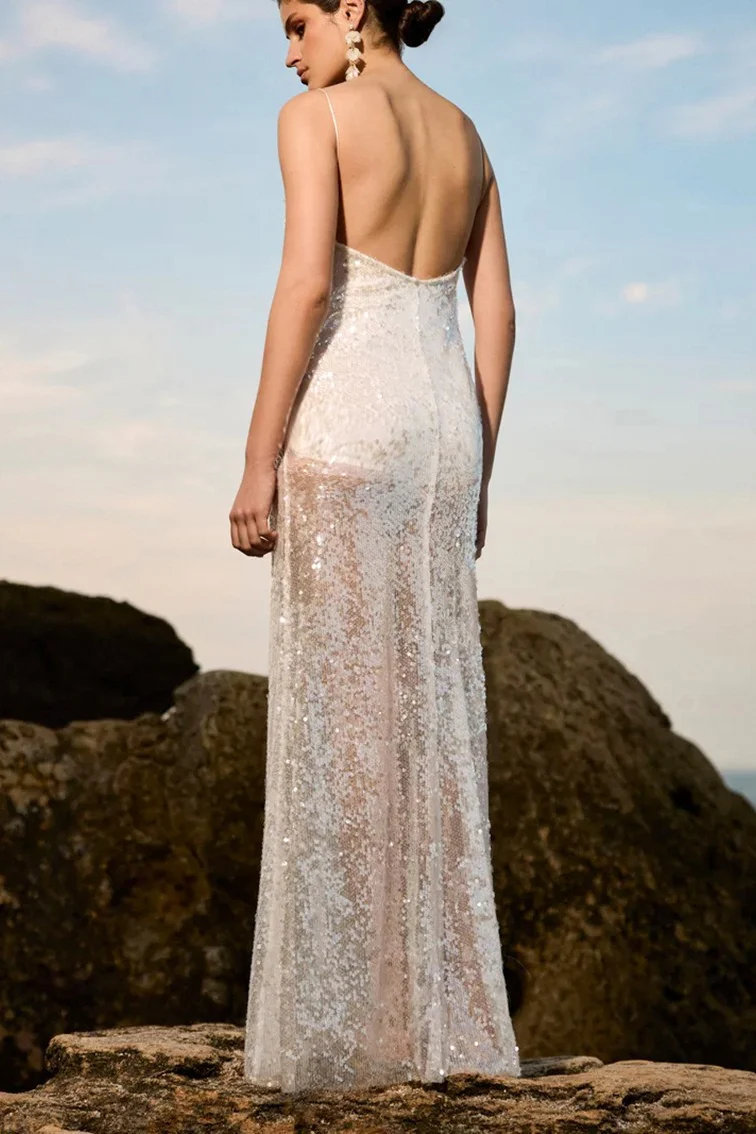 Solid Patchwork Sheer Backless Cami Sequin Maxi Dress - Image 8