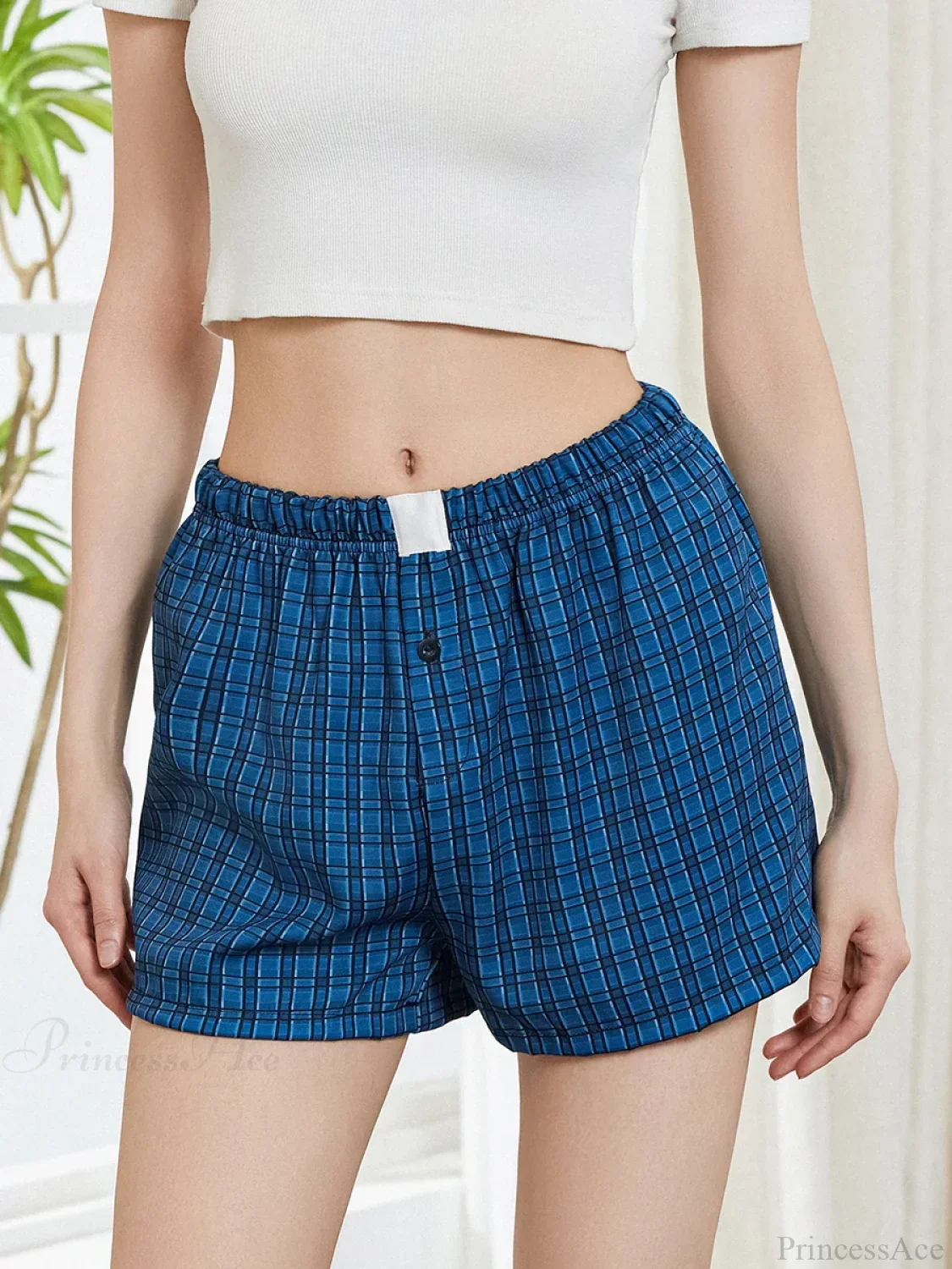 Solid Plaid Elastic Waist Short - Image 2