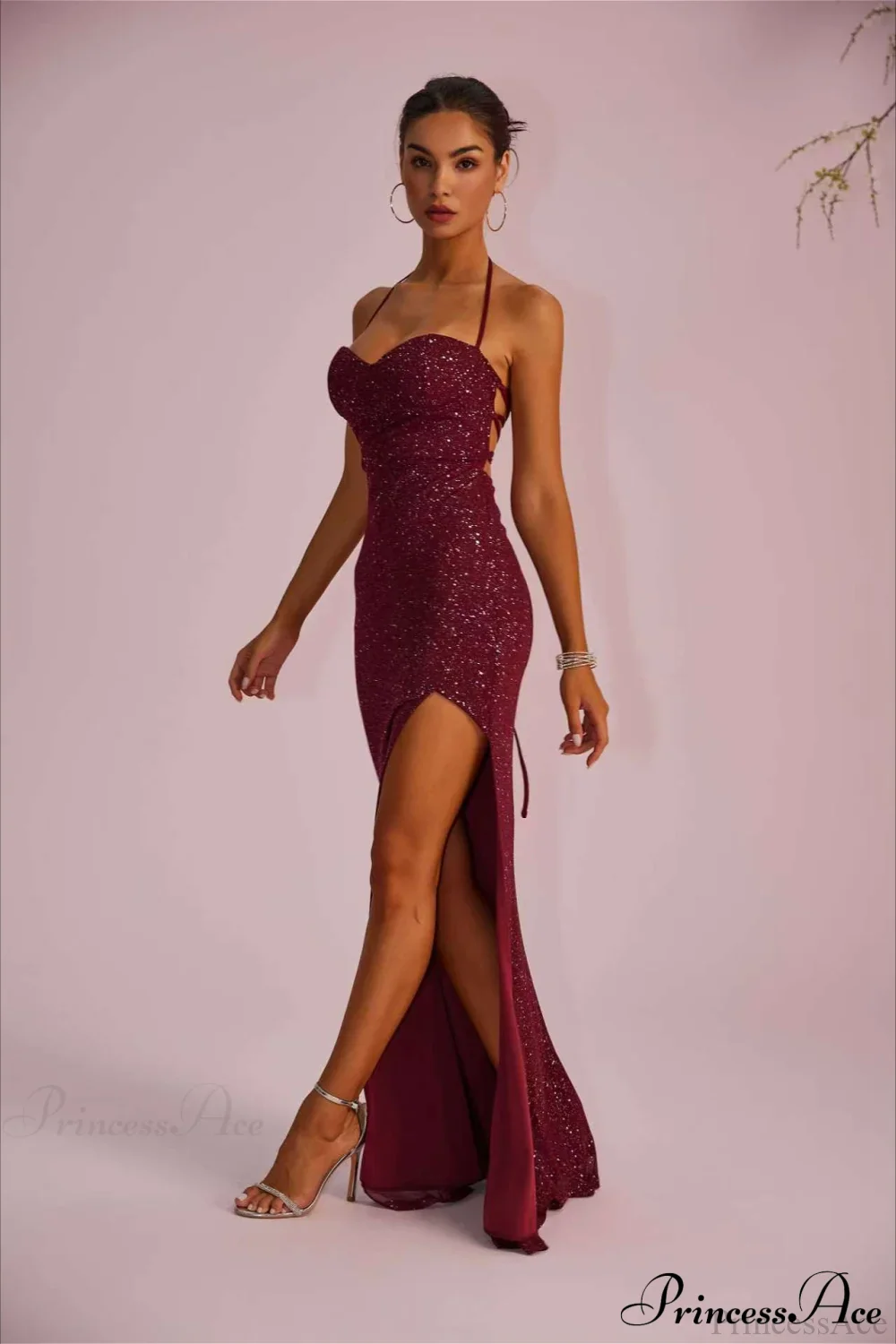 Solid Plunging Backless Slit Fitted Maxi Party Dress