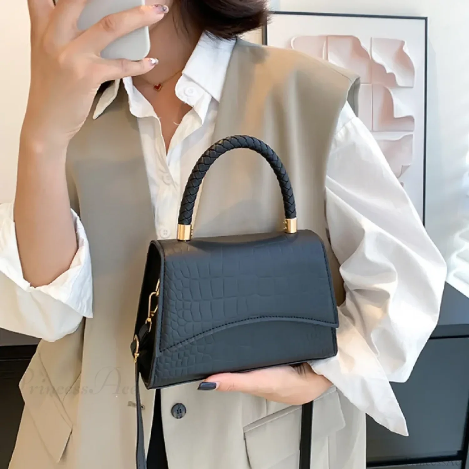 Solid PU Leather Designer Casual Crossbody Top Handle Handbag - Image 5