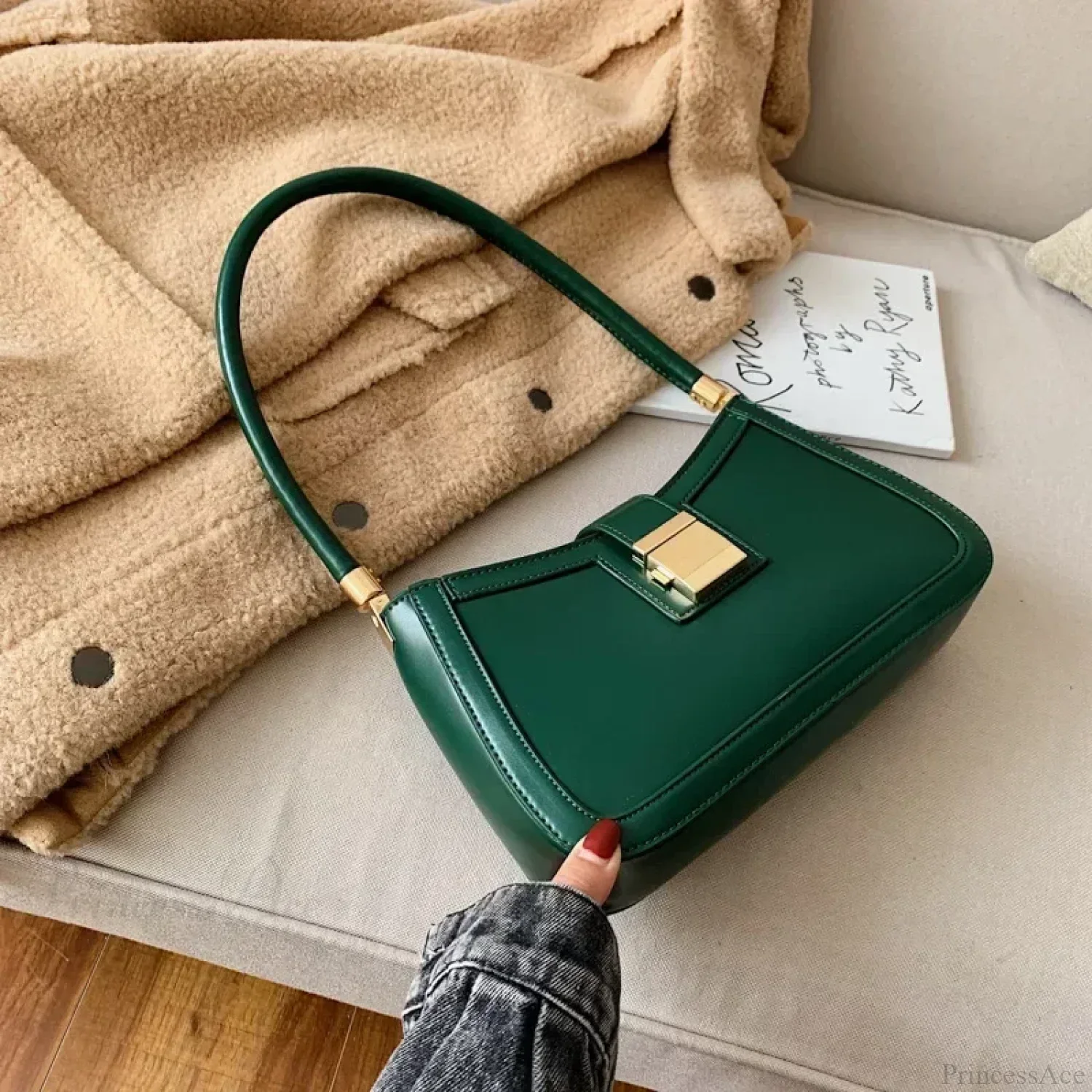 Solid PU Leather Trendy Lock Shoulder Bag - Image 10