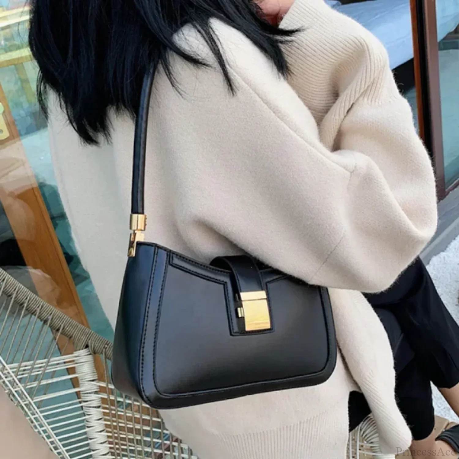 Solid PU Leather Trendy Lock Shoulder Bag - Image 2