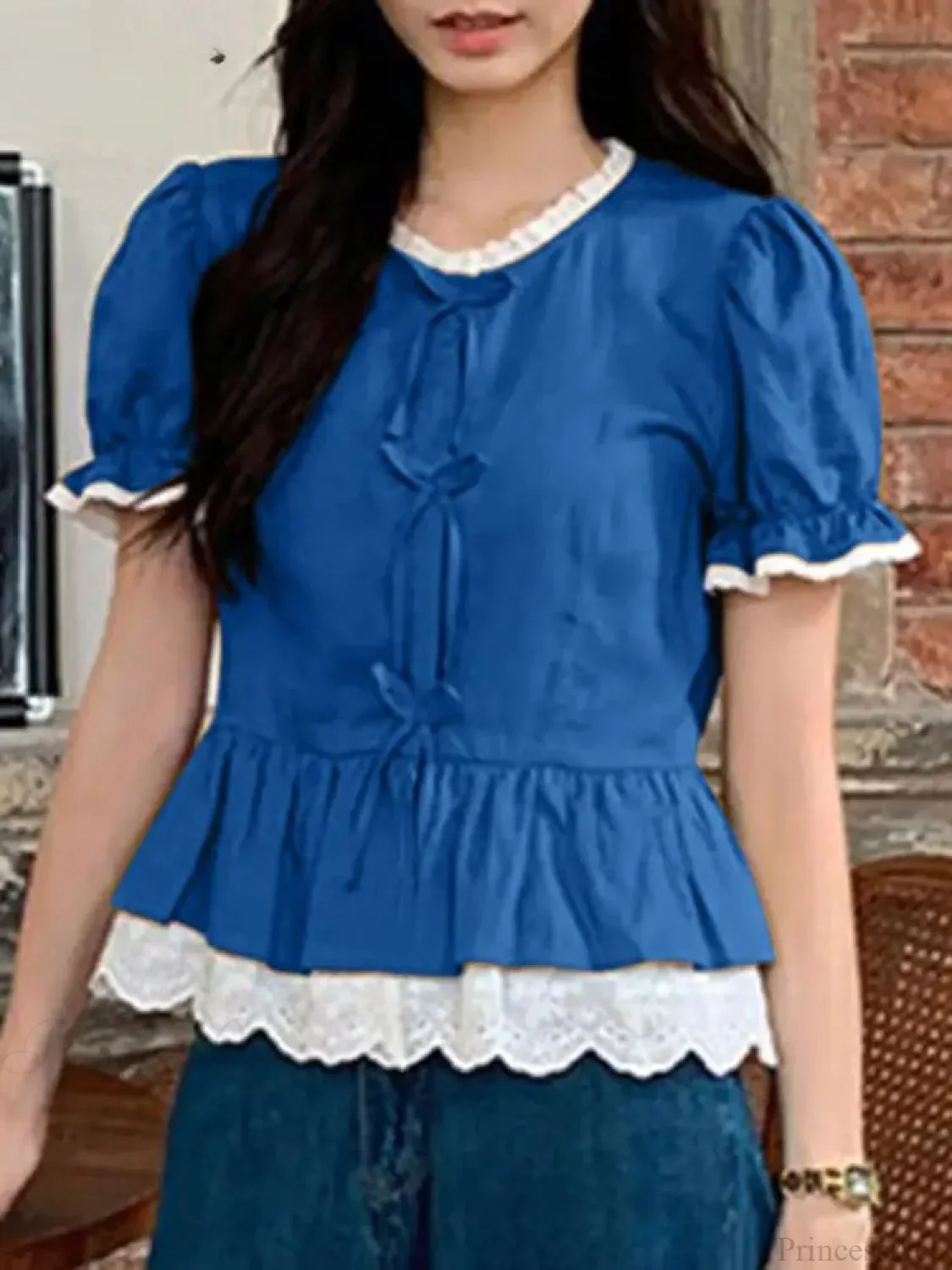 Solid Puff Sleeve Lace Patchwork Stand Collar Blouse - Image 2