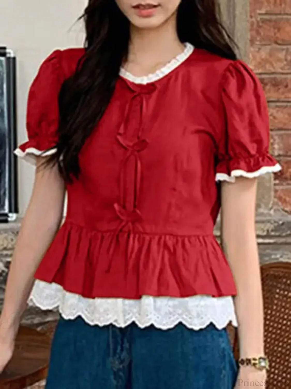 Solid Puff Sleeve Lace Patchwork Stand Collar Blouse - Image 3
