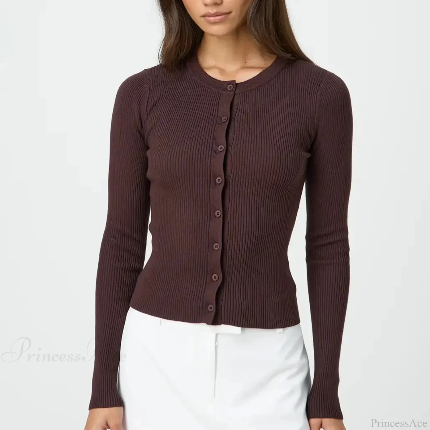 Solid Ribbed Button Up Slim Knit Cardigan - Image 3
