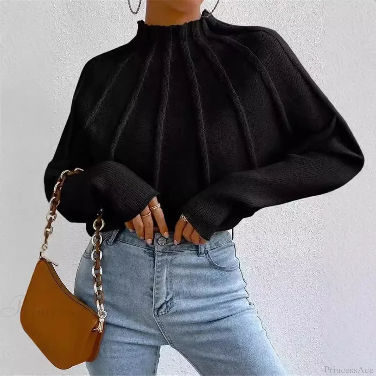 Solid Round Neck Batball Sleeve Loose Sweater - Image 3