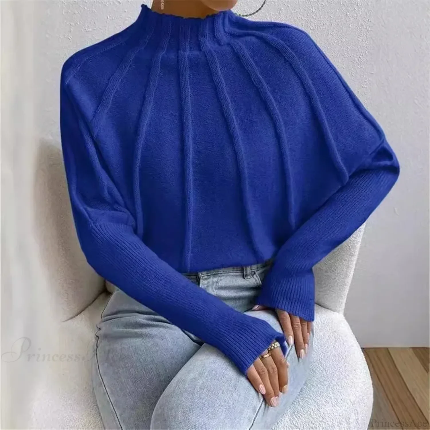 Solid Round Neck Batball Sleeve Loose Sweater - Image 4
