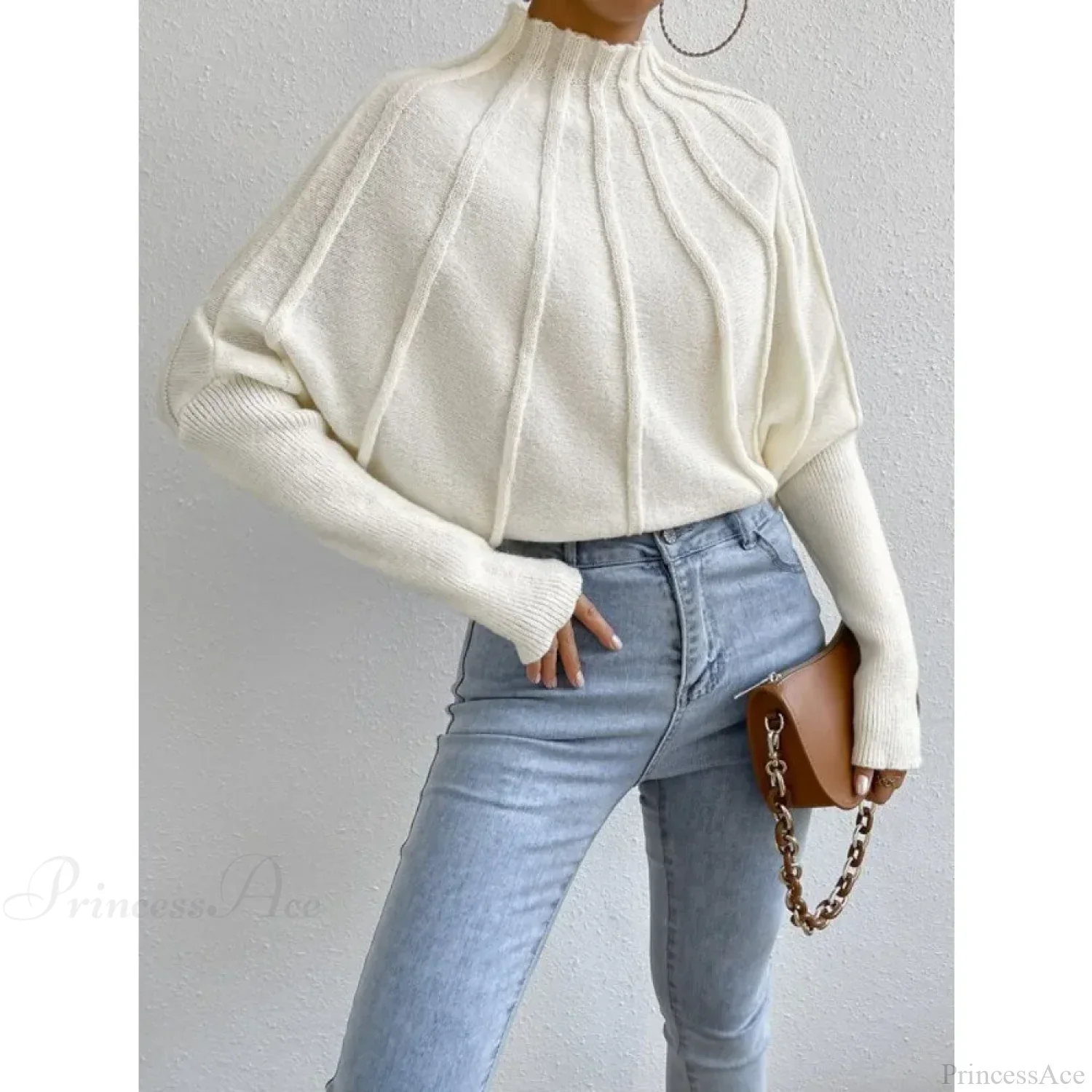 Solid Round Neck Batball Sleeve Loose Sweater - Image 5
