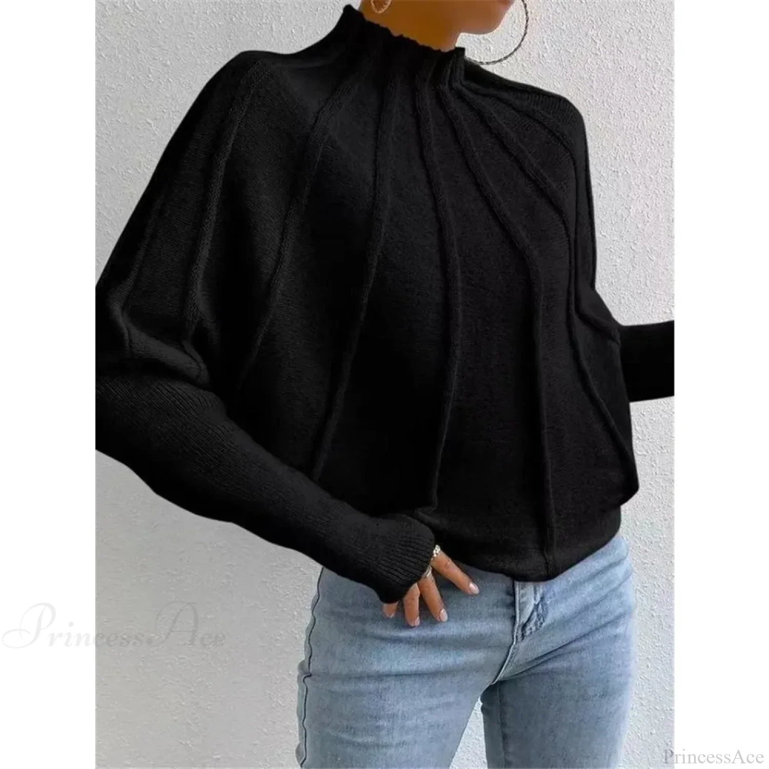 Solid Round Neck Batball Sleeve Loose Sweater - Image 6